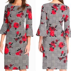 Jessica Howard NWT Black & Red Mixed Floral Plaid Bell Sleeve Sheath Dress Sz 10